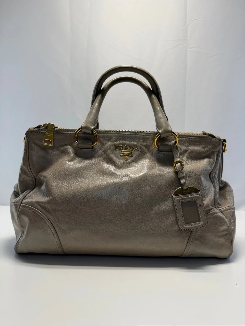 Prada Metallic Taupe Leather Satchel with Gold Hardware